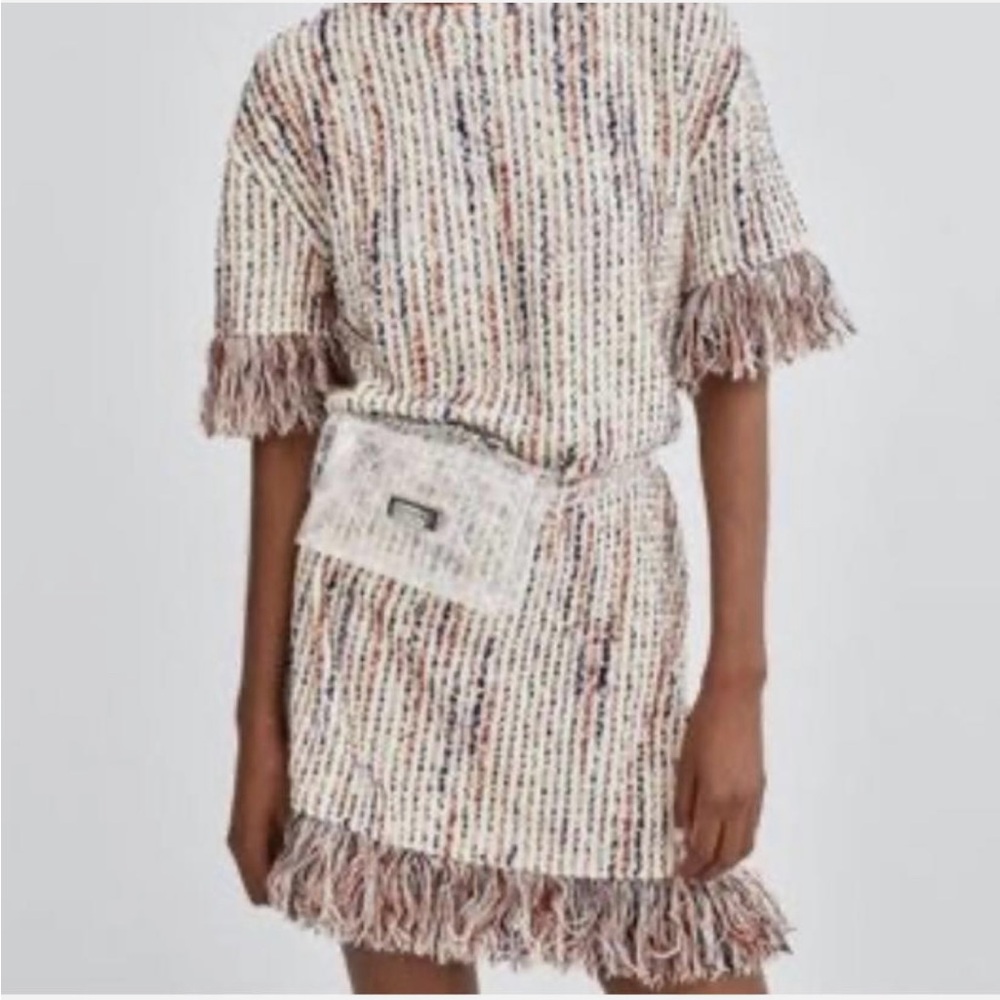 Zara Tweed Fringe Short Dress in Cream with Multicolor Speckle